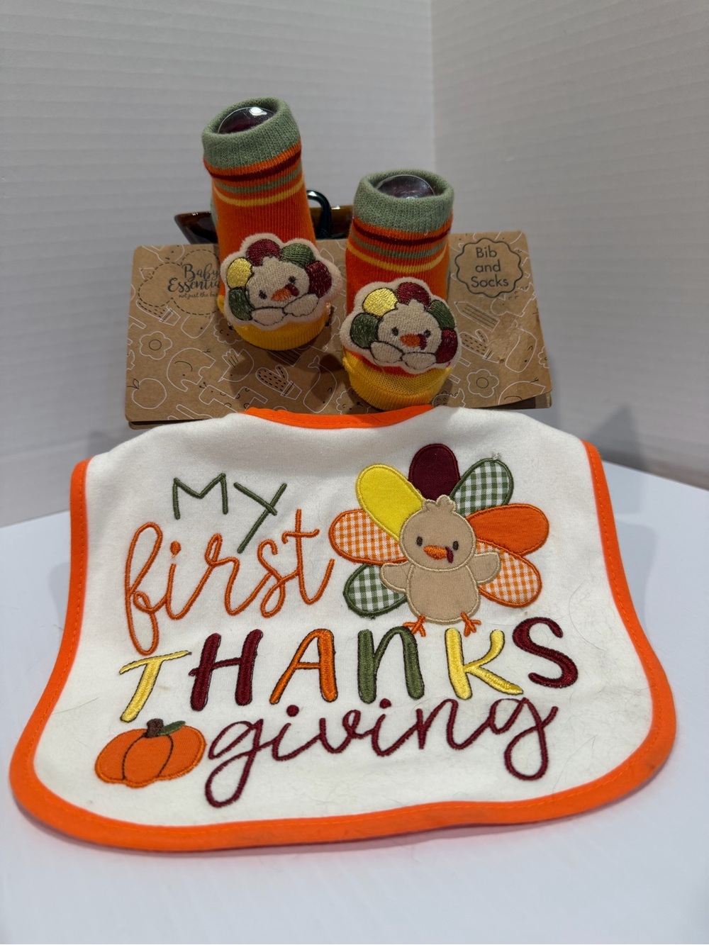 Baby Essentials "My First Thanksgiving" Drool Bib & Socks Set 0-6M Tie Closure